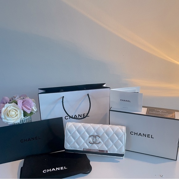 CHANEL Bags Chanel Quilted Trifold White Black Wallet Poshmark